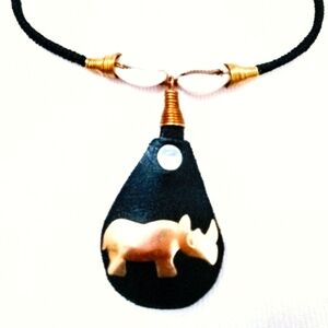 Rhino brass cowrie shell leather chocker necklace